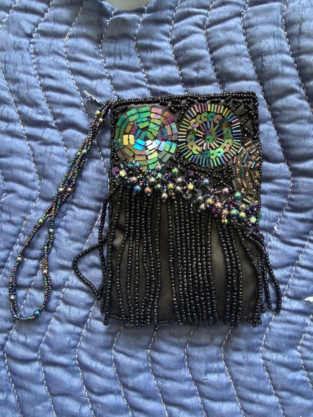 Chico's Black Beaded Fringe Wristlet with Iridescent Sequin Accents